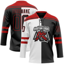 Laden Sie das Bild in den Galerie-Viewer, Uksn Individuelles Schwarz Rot-Weiß Split-Fashion Eishockey-Trikot mit Schnürkragen
