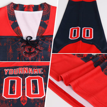 Uksn Individuelles Schwarz Weiß Rot-Gold Split-Fashion Eishockey-Trikot mit Schnürkragen