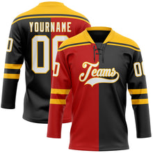 Laden Sie das Bild in den Galerie-Viewer, Uksn Individuelles Schwarz Weiß Rot-Gold Split-Fashion Eishockey-Trikot mit Schnürkragen
