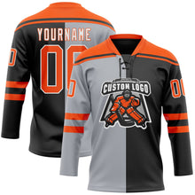 Laden Sie das Bild in den Galerie-Viewer, Uksn Individuelles Schwarz Orange Grau-Weiß Split-Fashion Eishockey-Trikot mit Schnürkragen

