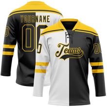 Laden Sie das Bild in den Galerie-Viewer, Uksn Individuelles Schwarz Gelb-Weiß Split-Fashion Eishockey-Trikot mit Schnürkragen

