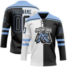 Laden Sie das Bild in den Galerie-Viewer, Uksn Individuelles Schwarz Hellblau-Weiß Split-Fashion Eishockey-Trikot mit Schnürkragen
