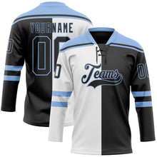 Laden Sie das Bild in den Galerie-Viewer, Uksn Individuelles Schwarz Hellblau-Weiß Split-Fashion Eishockey-Trikot mit Schnürkragen
