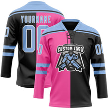 Laden Sie das Bild in den Galerie-Viewer, Uksn Individuelles Schwarz Hellblau Pink-Weiß Split-Fashion Eishockey-Trikot mit Schnürkragen
