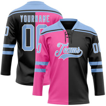 Laden Sie das Bild in den Galerie-Viewer, Uksn Individuelles Schwarz Hellblau Pink-Weiß Split-Fashion Eishockey-Trikot mit Schnürkragen
