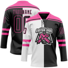 Laden Sie das Bild in den Galerie-Viewer, Uksn Individuelles Schwarz Pink-Weiß Split-Fashion Eishockey-Trikot mit Schnürkragen
