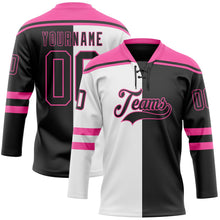 Laden Sie das Bild in den Galerie-Viewer, Uksn Individuelles Schwarz Pink-Weiß Split-Fashion Eishockey-Trikot mit Schnürkragen
