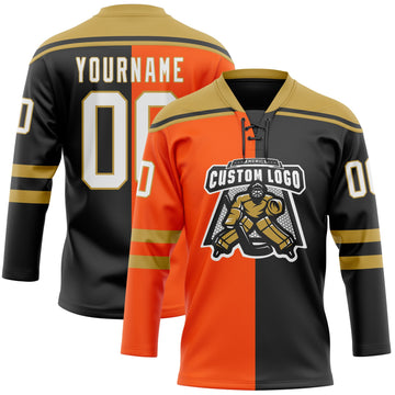 Uksn Individuelles Schwarz Weiß Orange-Altgold Split-Fashion Eishockey-Trikot mit Schnürkragen