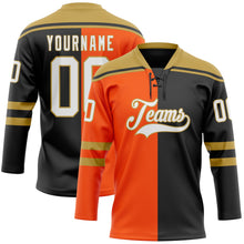 Laden Sie das Bild in den Galerie-Viewer, Uksn Individuelles Schwarz Weiß Orange-Altgold Split-Fashion Eishockey-Trikot mit Schnürkragen
