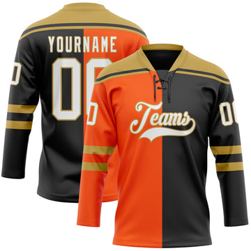 Uksn Individuelles Schwarz Weiß Orange-Altgold Split-Fashion Eishockey-Trikot mit Schnürkragen