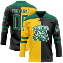 Laden Sie das Bild in den Galerie-Viewer, Uksn Individuelles Schwarz Kelly-Grün Gelb-Weiß Split-Fashion Eishockey-Trikot mit Schnürkragen
