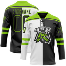 Laden Sie das Bild in den Galerie-Viewer, Uksn Individuelles Schwarz Neongrün-Weiß Split-Fashion Eishockey-Trikot mit Schnürkragen
