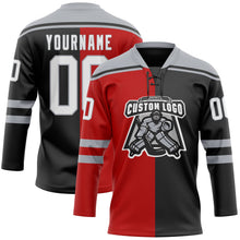 Laden Sie das Bild in den Galerie-Viewer, Uksn Individuelles Schwarz Weiß Rot-Grau Split-Fashion Eishockey-Trikot mit Schnürkragen
