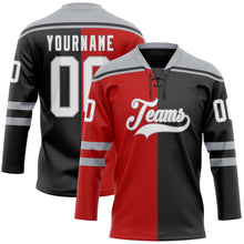 Laden Sie das Bild in den Galerie-Viewer, Uksn Individuelles Schwarz Weiß Rot-Grau Split-Fashion Eishockey-Trikot mit Schnürkragen
