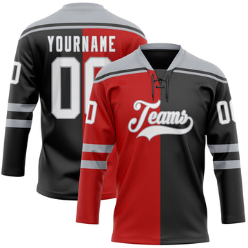 Uksn Individuelles Schwarz Weiß Rot-Grau Split-Fashion Eishockey-Trikot mit Schnürkragen