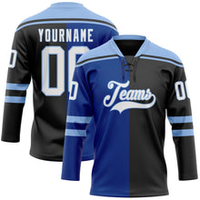 Laden Sie das Bild in den Galerie-Viewer, Uksn Individuelles Schwarz Weiß Royalblau-Hellblau Split-Fashion Eishockey-Trikot mit Schnürkragen
