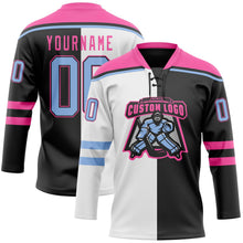 Laden Sie das Bild in den Galerie-Viewer, Uksn Individuelles Schwarz Hellblau Pink-Weiß Split-Fashion Eishockey-Trikot mit Schnürkragen
