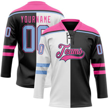 Laden Sie das Bild in den Galerie-Viewer, Uksn Individuelles Schwarz Hellblau Pink-Weiß Split-Fashion Eishockey-Trikot mit Schnürkragen
