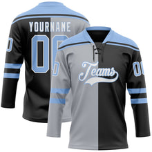 Laden Sie das Bild in den Galerie-Viewer, Uksn Individuelles Schwarz Hellblau Grau-Weiß Split-Fashion Eishockey-Trikot mit Schnürkragen
