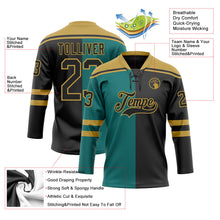 Laden Sie das Bild in den Galerie-Viewer, Uksn Individuelles Schwarz Petrol-Altgold Split-Fashion Eishockey-Trikot mit Schnürkragen
