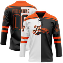 Laden Sie das Bild in den Galerie-Viewer, Uksn Individuelles Schwarz Orange-Weiß Split-Fashion Eishockey-Trikot mit Schnürkragen
