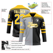 Laden Sie das Bild in den Galerie-Viewer, Uksn Individuelles Schwarz Gelb Grau-Weiß Split-Fashion Eishockey-Trikot mit Schnürkragen
