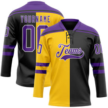 Laden Sie das Bild in den Galerie-Viewer, Uksn Individuelles Schwarz Violett Gelb-Weiß Split-Fashion Eishockey-Trikot mit Schnürkragen
