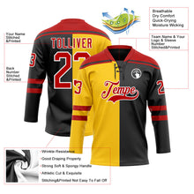 Laden Sie das Bild in den Galerie-Viewer, Uksn Individuelles Schwarz Rot Gelb-Weiß Split-Fashion Eishockey-Trikot mit Schnürkragen
