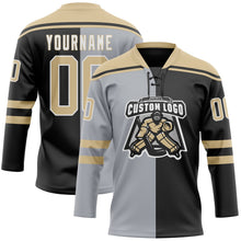 Laden Sie das Bild in den Galerie-Viewer, Uksn Individuelles Schwarz Vegas-Gold Grau-Weiß Split-Fashion Eishockey-Trikot mit Schnürkragen
