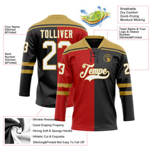 Laden Sie das Bild in den Galerie-Viewer, Uksn Individuelles Schwarz Weiß Rot-Altgold Split-Fashion Eishockey-Trikot mit Schnürkragen
