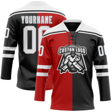 Laden Sie das Bild in den Galerie-Viewer, Uksn Individuelles Schwarz Weiß Rot-Grau Split-Fashion Eishockey-Trikot mit Schnürkragen
