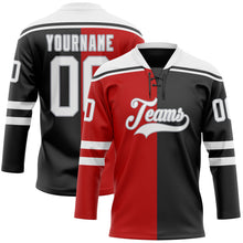 Laden Sie das Bild in den Galerie-Viewer, Uksn Individuelles Schwarz Weiß Rot-Grau Split-Fashion Eishockey-Trikot mit Schnürkragen
