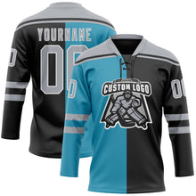 Laden Sie das Bild in den Galerie-Viewer, Uksn Individuelles Schwarz Grau Pantherblau-Weiß Split-Fashion Eishockey-Trikot mit Schnürkragen

