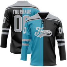 Laden Sie das Bild in den Galerie-Viewer, Uksn Individuelles Schwarz Grau Pantherblau-Weiß Split-Fashion Eishockey-Trikot mit Schnürkragen
