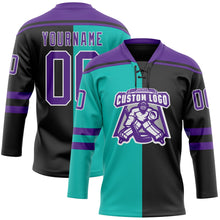 Laden Sie das Bild in den Galerie-Viewer, Uksn Individuelles Schwarz Violett Aqua-Weiß Split-Fashion Eishockey-Trikot mit Schnürkragen
