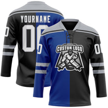 Laden Sie das Bild in den Galerie-Viewer, Uksn Individuelles Schwarz Weiß Royalblau-Grau Split-Fashion Eishockey-Trikot mit Schnürkragen

