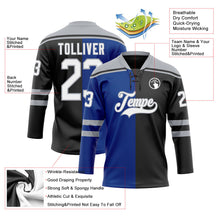 Laden Sie das Bild in den Galerie-Viewer, Uksn Individuelles Schwarz Weiß Royalblau-Grau Split-Fashion Eishockey-Trikot mit Schnürkragen
