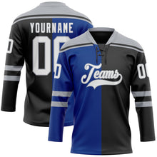 Laden Sie das Bild in den Galerie-Viewer, Uksn Individuelles Schwarz Weiß Royalblau-Grau Split-Fashion Eishockey-Trikot mit Schnürkragen
