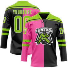 Laden Sie das Bild in den Galerie-Viewer, Uksn Individuelles Schwarz Neongrün Pink-Weiß Split-Fashion Eishockey-Trikot mit Schnürkragen
