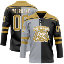Laden Sie das Bild in den Galerie-Viewer, Uksn Individuelles Schwarz Altgold Grau-Weiß Split-Fashion Eishockey-Trikot mit Schnürkragen
