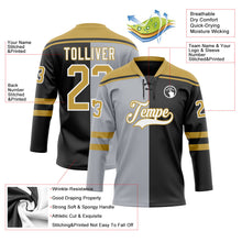 Laden Sie das Bild in den Galerie-Viewer, Uksn Individuelles Schwarz Altgold Grau-Weiß Split-Fashion Eishockey-Trikot mit Schnürkragen
