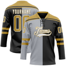 Laden Sie das Bild in den Galerie-Viewer, Uksn Individuelles Schwarz Altgold Grau-Weiß Split-Fashion Eishockey-Trikot mit Schnürkragen
