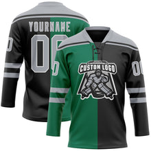 Laden Sie das Bild in den Galerie-Viewer, Uksn Individuelles Schwarz Grau Kelly-Grün-Weiß Split-Fashion Eishockey-Trikot mit Schnürkragen

