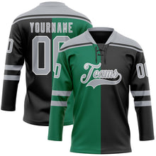 Laden Sie das Bild in den Galerie-Viewer, Uksn Individuelles Schwarz Grau Kelly-Grün-Weiß Split-Fashion Eishockey-Trikot mit Schnürkragen
