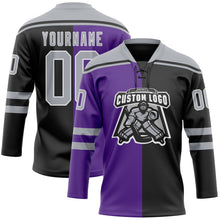 Laden Sie das Bild in den Galerie-Viewer, Uksn Individuelles Schwarz Grau Violett-Weiß Split-Fashion Eishockey-Trikot mit Schnürkragen
