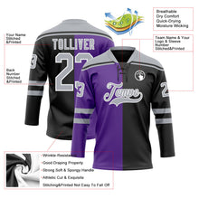 Laden Sie das Bild in den Galerie-Viewer, Uksn Individuelles Schwarz Grau Violett-Weiß Split-Fashion Eishockey-Trikot mit Schnürkragen
