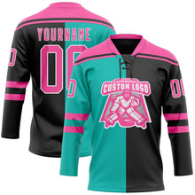 Laden Sie das Bild in den Galerie-Viewer, Uksn Individuelles Schwarz Pink Aqua-Weiß Split-Fashion Eishockey-Trikot mit Schnürkragen
