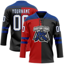 Laden Sie das Bild in den Galerie-Viewer, Uksn Individuelles Schwarz Weiß Rot-Royalblau Split-Fashion Eishockey-Trikot mit Schnürkragen
