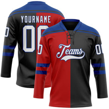 Laden Sie das Bild in den Galerie-Viewer, Uksn Individuelles Schwarz Weiß Rot-Royalblau Split-Fashion Eishockey-Trikot mit Schnürkragen
