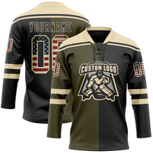 Laden Sie das Bild in den Galerie-Viewer, Uksn Individuelles Schwarz Vintage USA-Flagge Oliv-Creme Split-Fashion Eishockey-Trikot mit Schnürkragen
